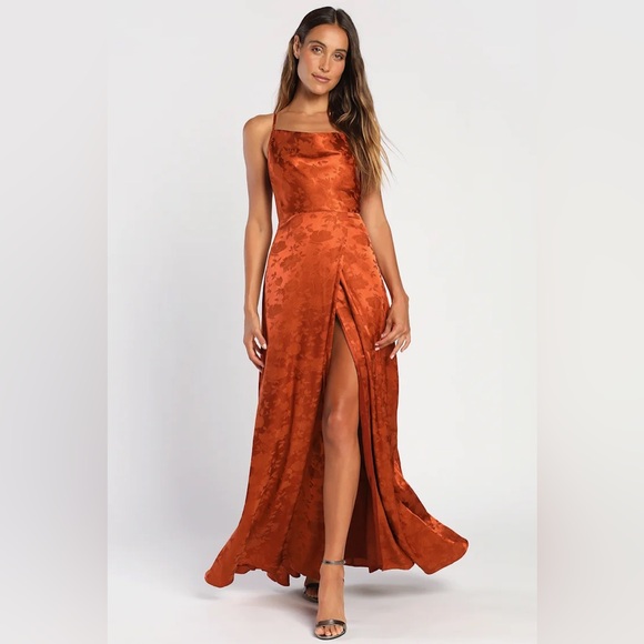 Lulus Dresses & Skirts - Lulus Simply Dreamy Rust Orange Satin Floral Jacquard Maxi Dress